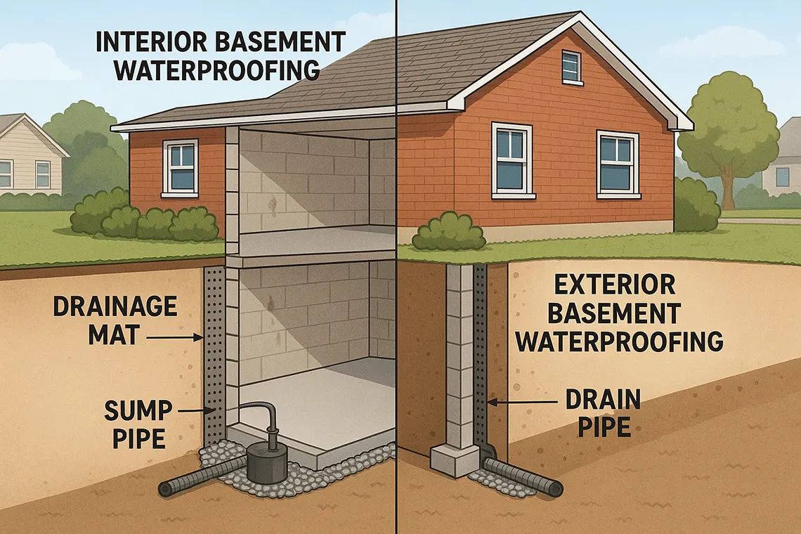 The difference between the interior basement waterproofing vs exterior basement waterproofing