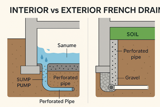 A diagram depicting the difference between an interior vs exterior french drain system