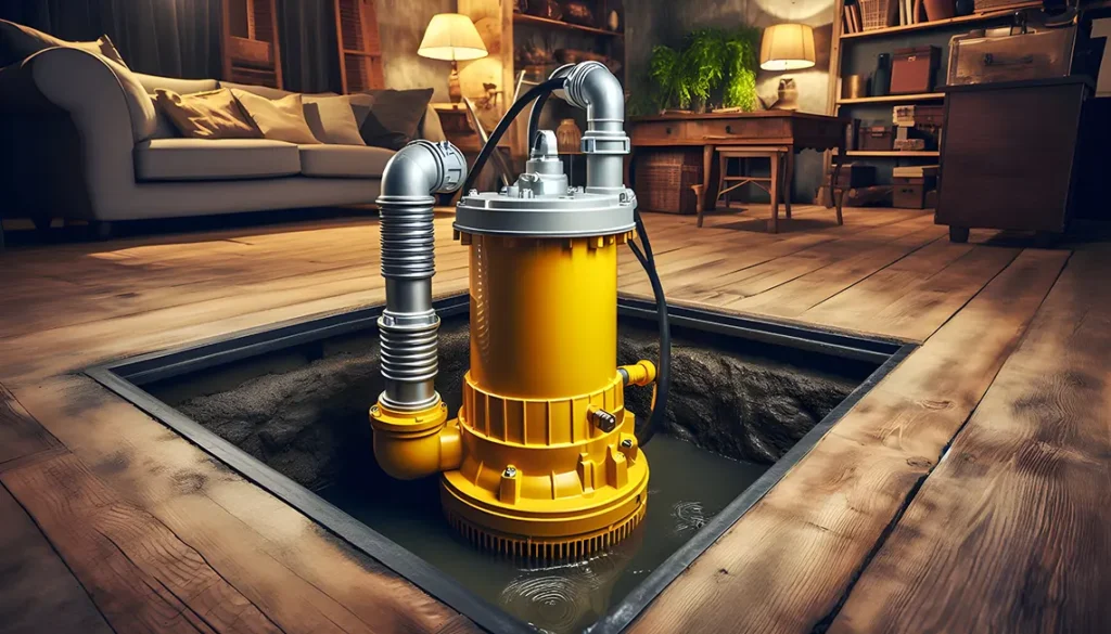 A sump pump placed image which is assembled in the middle of a living area