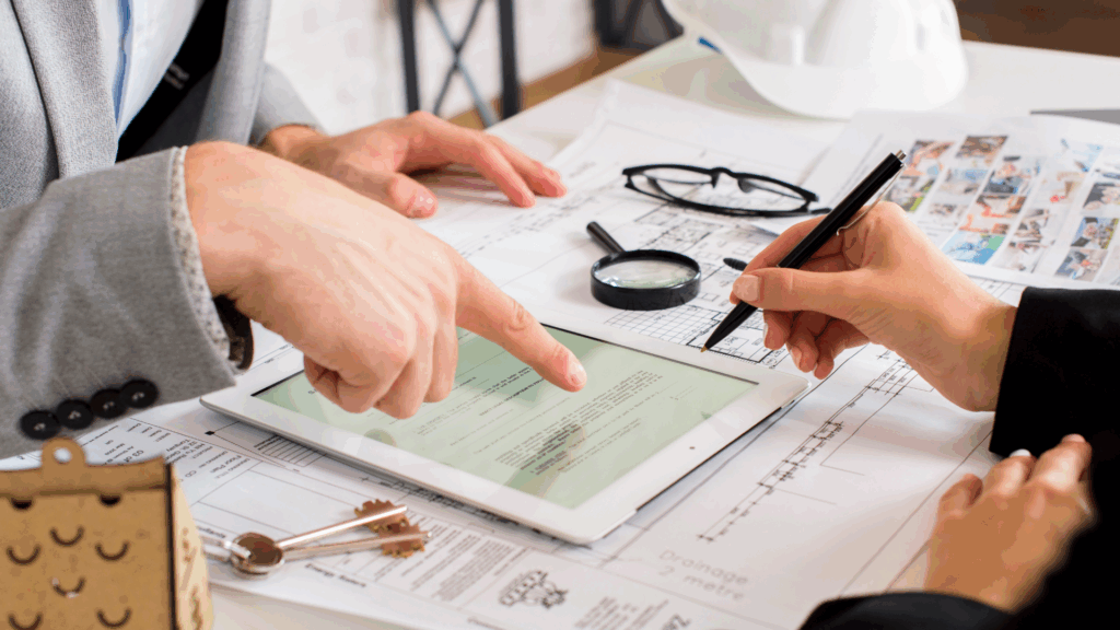 A woman viewing the permits and regulations on a tablet.