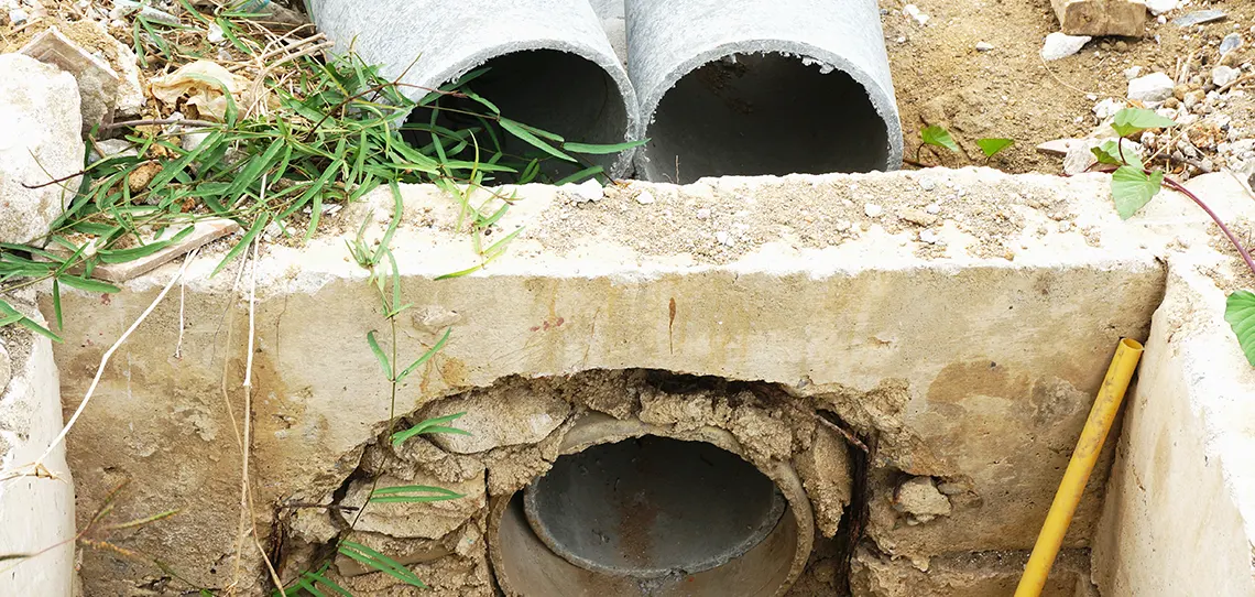 drain pipes of a french drain emptying into an external drain