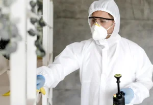 A commercial mold testing procedure is going on with the contractor wearing overalls