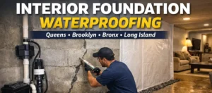 Interior foundation waterproofing being carried out in a Queens home in New York